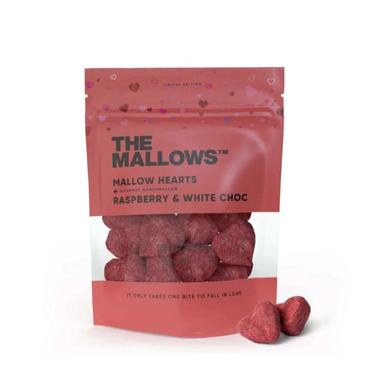 Mallow Hearts - Skumfiduser med hvid chokolade & hindbær 90g